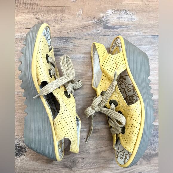 Fly London Ylva Platform Wedge Sandals Leather Yellow chunky heel comfy 40 9/9.5 - Picture 2 of 9